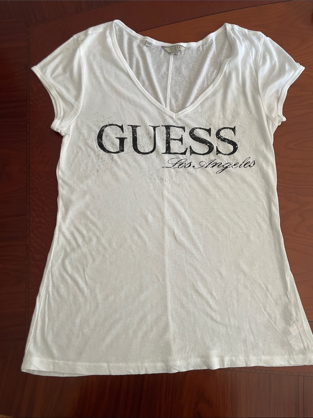 Guess White V-Neck 'Los Angeles' Logo Tee with Black Print
